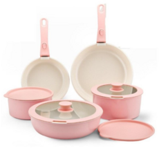 미츠키 후라이팬 냄비 세트 인덕션용 탈부착식 손잡이, 1세트, 4종, 파스텔 핑크