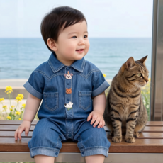 바냐 애니멀버튼 데님 반팔 우주복