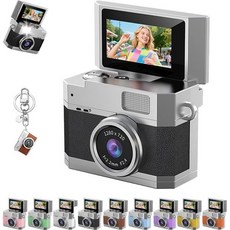 엄지손가락 크기 플립 스크린 미니 카메라 디지털 레트로 CCD 고화질 휴대용 소형 180도 스크린 다중 스타일 뷰티 필터 여행 파티 브이로그용 (검정색 64G 카드 포함, 검정