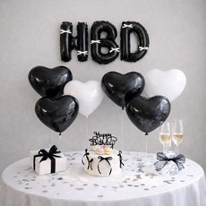 올리브파티 리본 HBD 하트풍선 일자스탠드 생일파티용품 세트, 1세트, 블랙