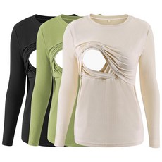 Liu & Qu 여성용 수유 상의 골지 긴소매 임산부 셔츠 이중 레이어 모유 수유 셔츠 임산부 의류 3팩 블랙 +옐로우 그린+살구 M