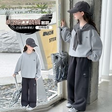 賣場優選新款可愛童裝女童套裝女童春秋套裝2025大童女孩秋季新款時尚披肩圓領衛衣工裝褲兩件套