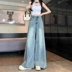 SAHINER 봄가을 여성용 하이웨이스트 와이드 워싱 빈티지 데님 팬츠 LWBNZ37