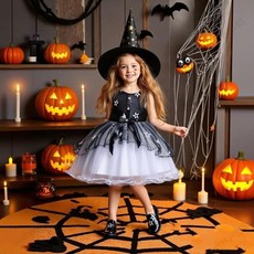 台灣出貨 發票【萬聖節】兒童禮服萬聖節表演服無袖網紗星星公主裙女巫cos節目表演服 帽子 萬聖節服飾 連衣裙 萬聖節裝扮