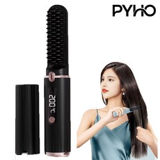 PYHO 무선 휴대용 충전식 빗 고데기 4단계 온도 조절 음이온 매직기, 블랙