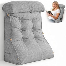 머리 받침대 조절 가능한 23인치 높이의 루이스오프 웨지 리딩 베개 침대 소파에 앉을 수 있는 등받이 목 등 요추 지지대 탈착식 세탁 커버 다크 그레이, Light Gray