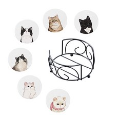 귀여운 고양이 티 코스터 규조토 컵받침 + 보관 트레이 세트, 세트B (화이트 배경), 6개