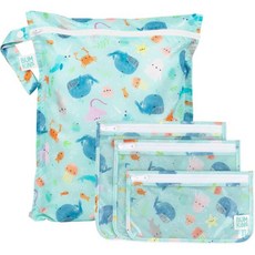 범킨스 방수 물티슈 및 포장 파우치 TSA 항공사 준수 아기용 팩 여행 수영복 천 기저귀 펌프 부품 체육복 세면도구 어린이집 지퍼백 4개 오션 라이프 블루, B1 Ocean Life