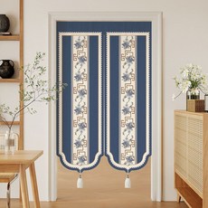 中式門簾 廚房隔間簾 半截式家用輕奢掛簾, 靛藍纏花,寬60*高90cm-送門簾伸縮杆