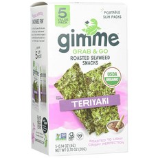 Gimme Grab & Go 구운 해초 식 데리야키 비건 USDA 인증 유기농 글루텐 프리 및 GMO 프리 5밸류 팩 19.8g(0.7온스) (6팩) 254429, Gimme Grab Go 구운 해초 간식 데리야키 비건, 4g, 1