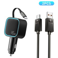 ESSAGER 동시3대충전 3포트 릴타입 USB A타입 차량용 고속충전기 멀티형 C타입 시거잭/시가잭 충전기 PD/QC3.0/FCP/SCP/Sumsang/Apple2.4, 블랙, 1세트
