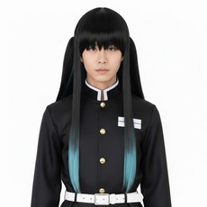 [파티팡] 토키토 유이치로풍 트윈 포니테일 코스프레 가발 귀멸풍 캐릭터 스타일 파티용 헤어, 1개
