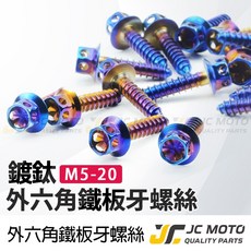 JC-MOTO 鍍鈦螺絲 車殼螺絲 鐵板牙 燒鈦 鍍金, 1個, M5-20外六角鐵板牙／6隻