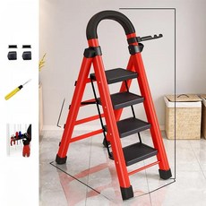 강철 사다리 실내 접이식 계단 캠핑 야외 테이블, 1개, 6. 4단 빨간색 안전 손잡이 사다리