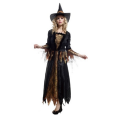 瘋狂派對 萬聖節豪華金巫婆裝 黑色金色 女巫服 大人變裝派對服 S號