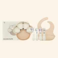 허밍베베 실리콘 이유식 얌얌 스탠다드 야옹이 유아 식판 세트, 1개, 베이지