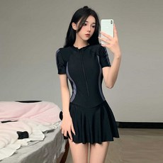 連體裙式泳衣女款 運動休閒韓版泳裝學生保守顯瘦, 灰色