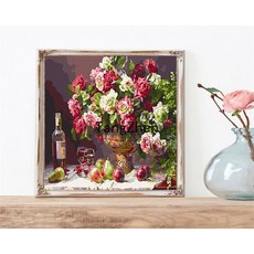 【TangZhen】유화그리기 유화그리기세트 디지털 유화 diy 남자 여자 아이 수제 창의 심플한 리넨 만화 색칠 방 거실 색칠 장식 그림, 604 - 붉은 꽃과 맥주, 40*50cm 내장 2.5 두께(색천), 1개