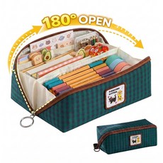 노모로 180도 오픈형 대용량 펜파우치 패브릭 필통, 1개, 그린 캣