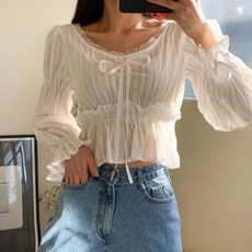 옷자락 여자 프릴 밴딩 레이스 여리핏 청순 크롭 블라우스
