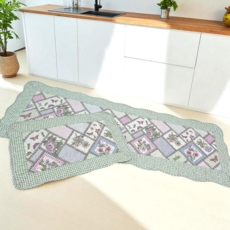 홈집합 면 발매트 부엌 순면100% 흡수력 세탁가능, 그린 체크 플라워