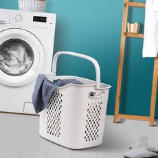 깔끔한 화이트 손잡이 플라스틱 사각 빨래통 세탁실 욕실 의류 분리수거함, 이동식 빨래바구니 1단