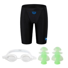 아레나 생존수영 세트 다이브 BLK 남아 4부 수영복+주니어 수경+귀마개
