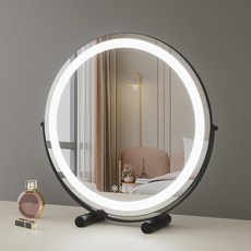 원형 LED 데스크톱 화장 거울 고화질 미러 삼색 광원 터치 버튼, 검은색(거울면 직경 30cm)