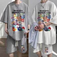 1+1 남자 오버핏 여름 반팔 라운드넥 프린트 트레이닝복 세트 반팔+반바지 데일리 빅사이즈 직장인 티 다양한 체형 데일리트레이닝세트