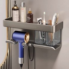Shipshape 욕실 치물대 드라이기 거치대 수납대 벽면 벽걸이 탈부착 수납함 헤어드라이어 홀더, 그레이, 1개