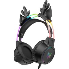 가벼운 게이밍 헤드셋 분리 가능한 고양이 귀 RGB 조명 유선 오버 이어 헤드폰 마이크 포함 PC 노트북 PS4 PS5 스위치용 스테레오 서라운드 사운드 자동 조절 헤드밴드, ONITOON 검은색 사슴 귀