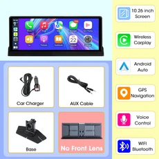 Jansite 10.26인치 4K 대시캠 CarPlay 디스플레이 차량 DVR 무선 Android Auto 야간 후방 카메라 회전 렌, 03 No DVR