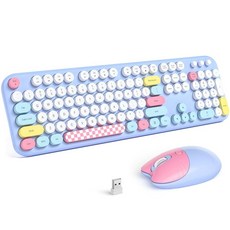 무선 키보드 및 마우스 SQMD 다채로운 타자기 레트로 키보드 원형 키캡 2.4GHz USB 풀 사이즈 키보드 및 마우스 세트 맥 PC 데스크탑 노트북용 - 블랙 핑크, 라이트 블루 믹스