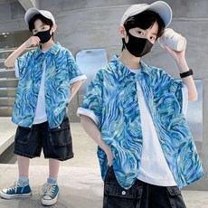 台灣熱銷 台灣爆款兒童夏裝兒童港風襯衫男童短袖夏季印花襯衣寬松外穿酷帥洋氣薄款上衣潮