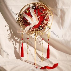 結婚禮物喜扇推薦拜神媽祖註生娘娘女神靈手工高級結婚團扇中式婚禮古典古風出嫁手捧花手工製作漢服配飾成品扇, 1個, （紅圈紅紗）鎏金款,成品+扇架