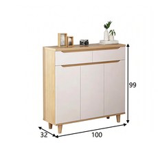 簡約收納鞋櫃 附抽屜與三門設計 100x32x99公分, 橡木色+白, 1個