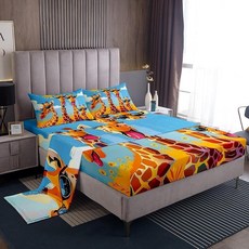 ECLATIS Manfei Funny Giraffe 매트리스 커버 세트 풀 사이즈 4개 아프리카 야생 동물 멋진 선글라스 청소년 시트 아트워크 블루 스카이 해바라기 페인트, 블루와 오렌지