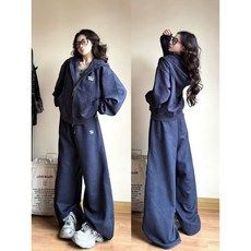 秋冬長袖套裝 高級感休閒運動套裝女秋冬季學生慵懶風開衫衛衣大學闊腿褲兩件套 韓版慵懶 簡約通懃