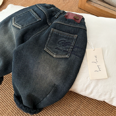 포인트데님기모팬츠 키즈 유아동 배기핏 자수 청바지 도톰 기모 편한바지