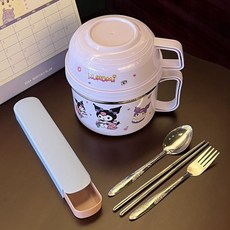 庫洛米可愛飯盒 不銹鋼泡麵碗帶蓋 學生宿舍飯盒 大容量快餐杯 便當盒 保鮮盒, 1個, 庫洛米雙耳餐杯+菜格+普通餐具,熱銷推薦*304內膽-庫洛米貼紙