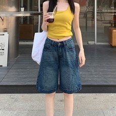SAHINER 여성 하이웨스트 데님 5부 반바지 캐주얼 데일리 여름 BDK48