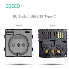 BSEED 벽 조명 기능 TV 소켓 패널 유리 부품 스위치 CAT5 EU 콘센트 전원 DIY 회색 USB, 220V용, Typec Socket Part