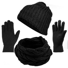 겨울 여성용 비니 모자 스카프 장갑 세트 워머 니트 터치스크린 선물 유니 성인용 159633, 4pcs Black