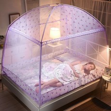 蚊帳 家用 支架式 蒙古包 三開門 加高 落地式, 印花款-紫色,1.2米床【寬1.2*長2.0米