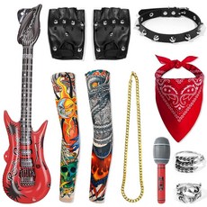 ZAGQIG 11피스 펑크 로커 코스튬 세트 머리띠 골드 체인 타투 슬리브 장갑 가죽 스터드 칼라 링 기타 마이크 포함 80년대 90년대 록 파티 의상에 적합 (레드)