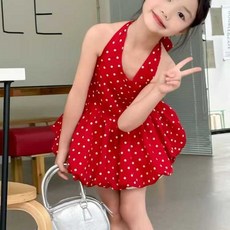 女童花苞波點連衣裙 90-140cm 寶寶夏季新款掛脖露背公主裙