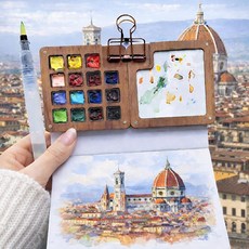 까사루미 미니 팔레트 세트 [노트+붓+클립] 휴대용 수채화 물감 파레트, 1개, 우드 15칸 세트