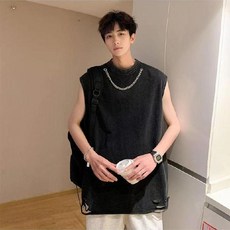 YYCL 男 美式高街 水洗做舊 寬鬆 夏季 無袖T恤 背心 附項鍊