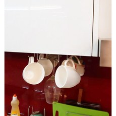 不鏽鋼下吊式高腳杯架附勾 直接掛於櫃子下方 高腳杯與馬克杯架的理想結合 勾勾也可用於懸掛各種物件 廚房收納架 置物架, 1個, 不鏽鋼