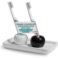 트레이 포함 ELIKAI 세라믹 칫솔 홀더 세트 욕실용 조리대 정리함 칫솔용 보관 솔루션 욕실 액세서리 블랙화이트 2팩, Grey & White (2